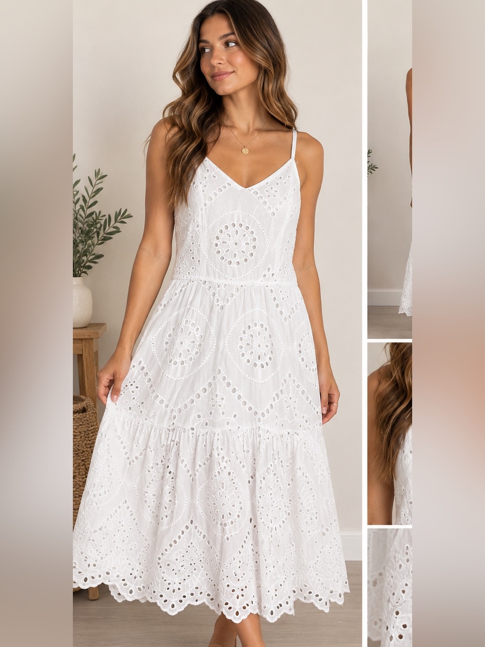 Jopna White Eyelet Sundress Boho Cottagecore Tiered Dress Smocked Back Size M